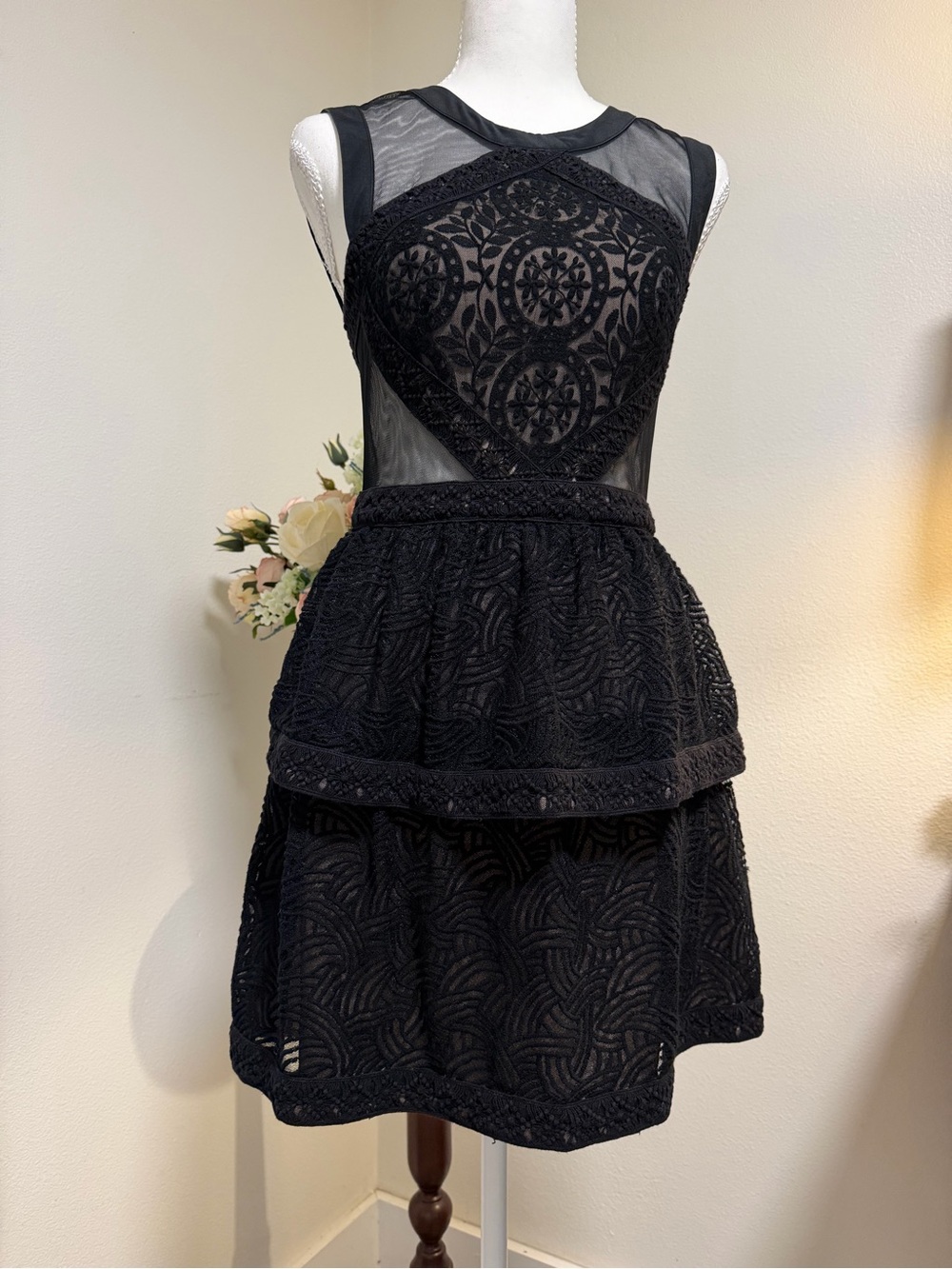 BCBGMaxAzria Black Lace & Mesh Tiered Mini Dress Sheer Date Night